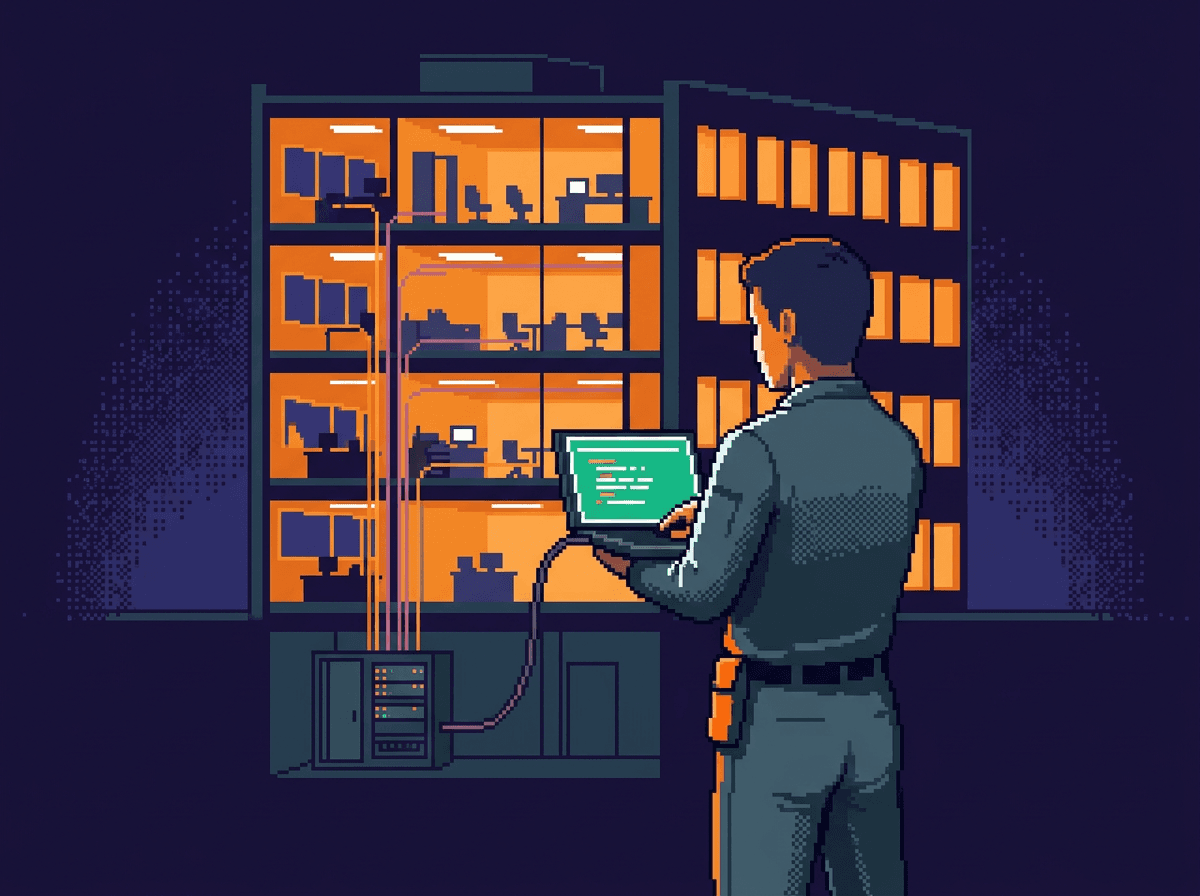 Immeuble de bureaux éclairé à la tombée de la nuit, technicien connecté à la GTB, illustration pixel art