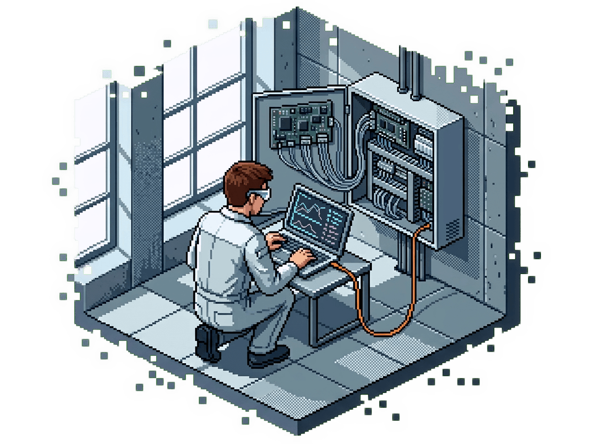 Technicien en test sur l'armoire GTB, ordinateur relié à l'automate, illustration pixel art