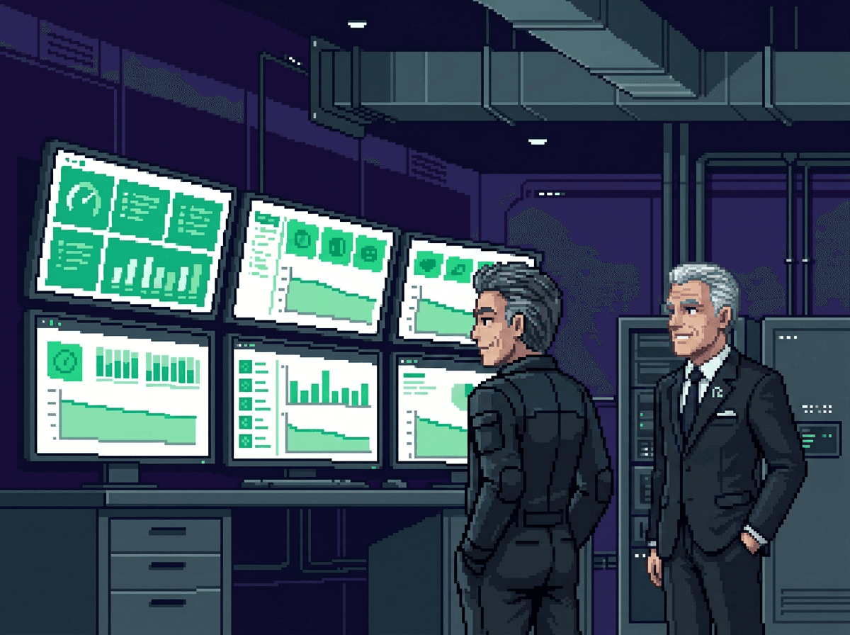 Salle de supervision énergétique, technicien et dirigeant devant les tableaux de bord au vert, illustration pixel art