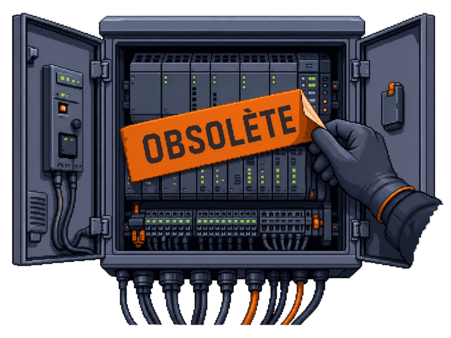 Armoire GTB ouverte, une main gantée décolle une étiquette « obsolète » collée sur les automates.