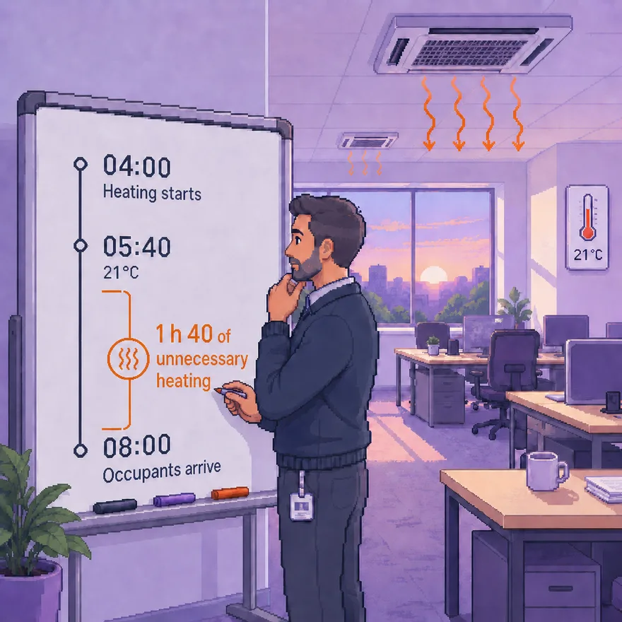 Operator at a whiteboard: fixed schedule starting at 04:00, comfort reached at 05:40, 1 h 40 of needless heating before arrival at 08:00
