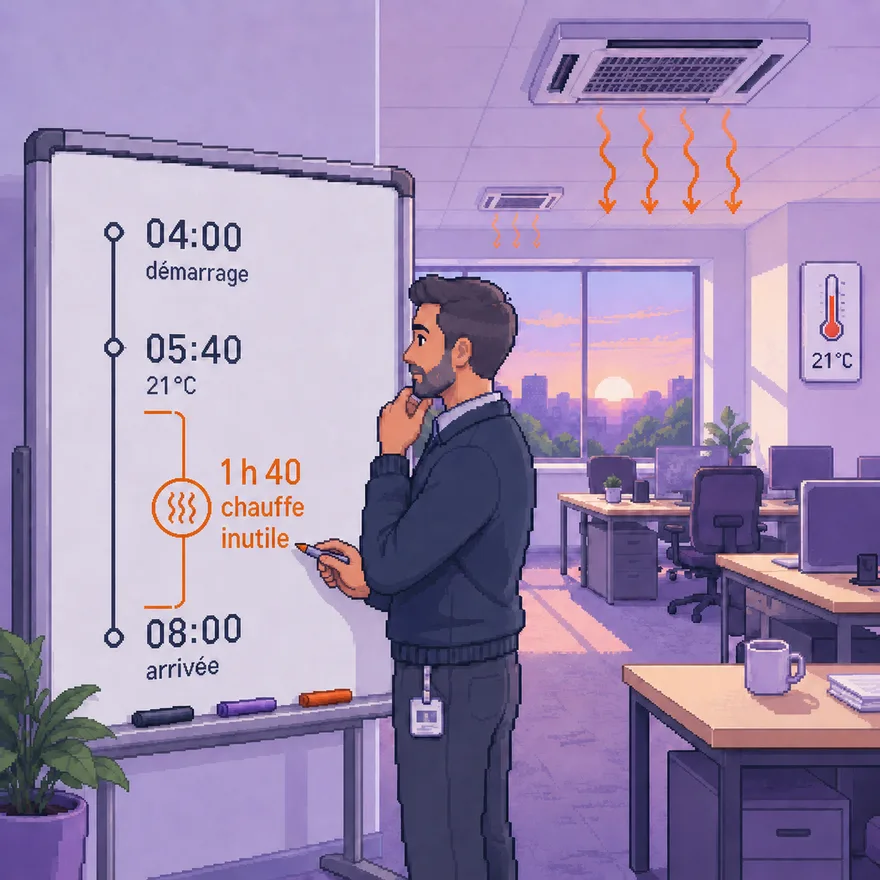 Exploitant devant un tableau : planning fixe démarrant à 04:00, confort atteint à 05:40, 1 h 40 de chauffe inutile avant l'arrivée à 08:00