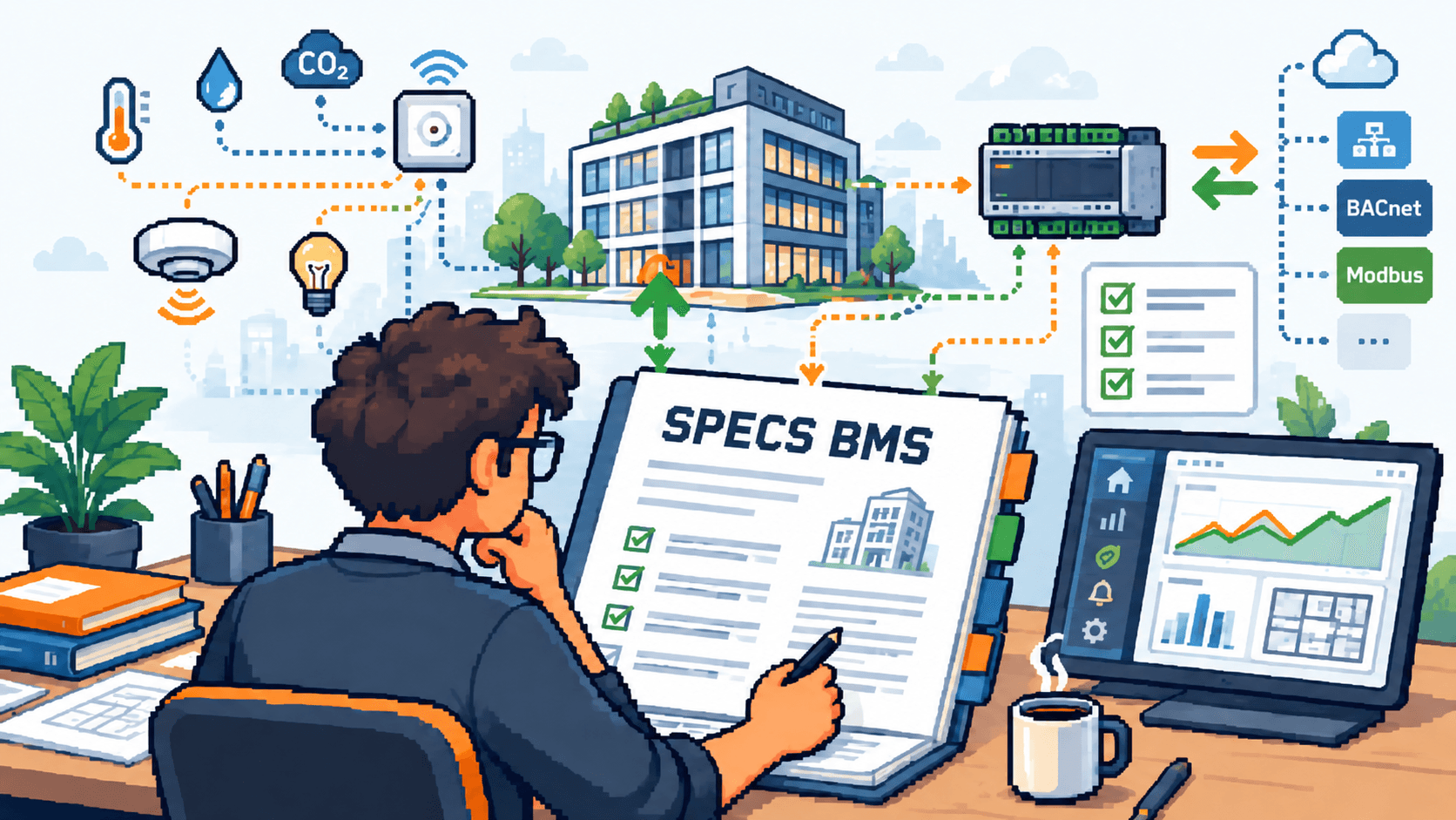 Illustration: a writer reviews a BMS specification, ticked point by point, linked to the building, its sensors, the controller and the BACnet and Modbus protocols.