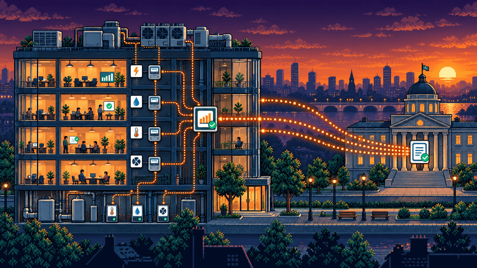Illustration: the meters and sub-meters of a commercial building sending their consumption data to ADEME's OPERAT platform