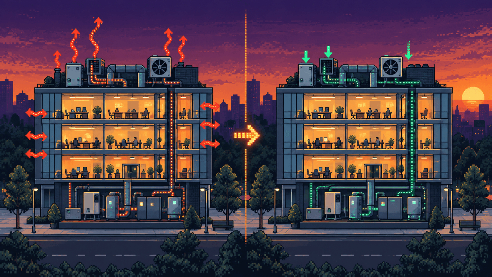 Illustration : le même immeuble avant et après optimisation, les déperditions d'énergie en rouge cédant la place aux flux maîtrisés en vert
