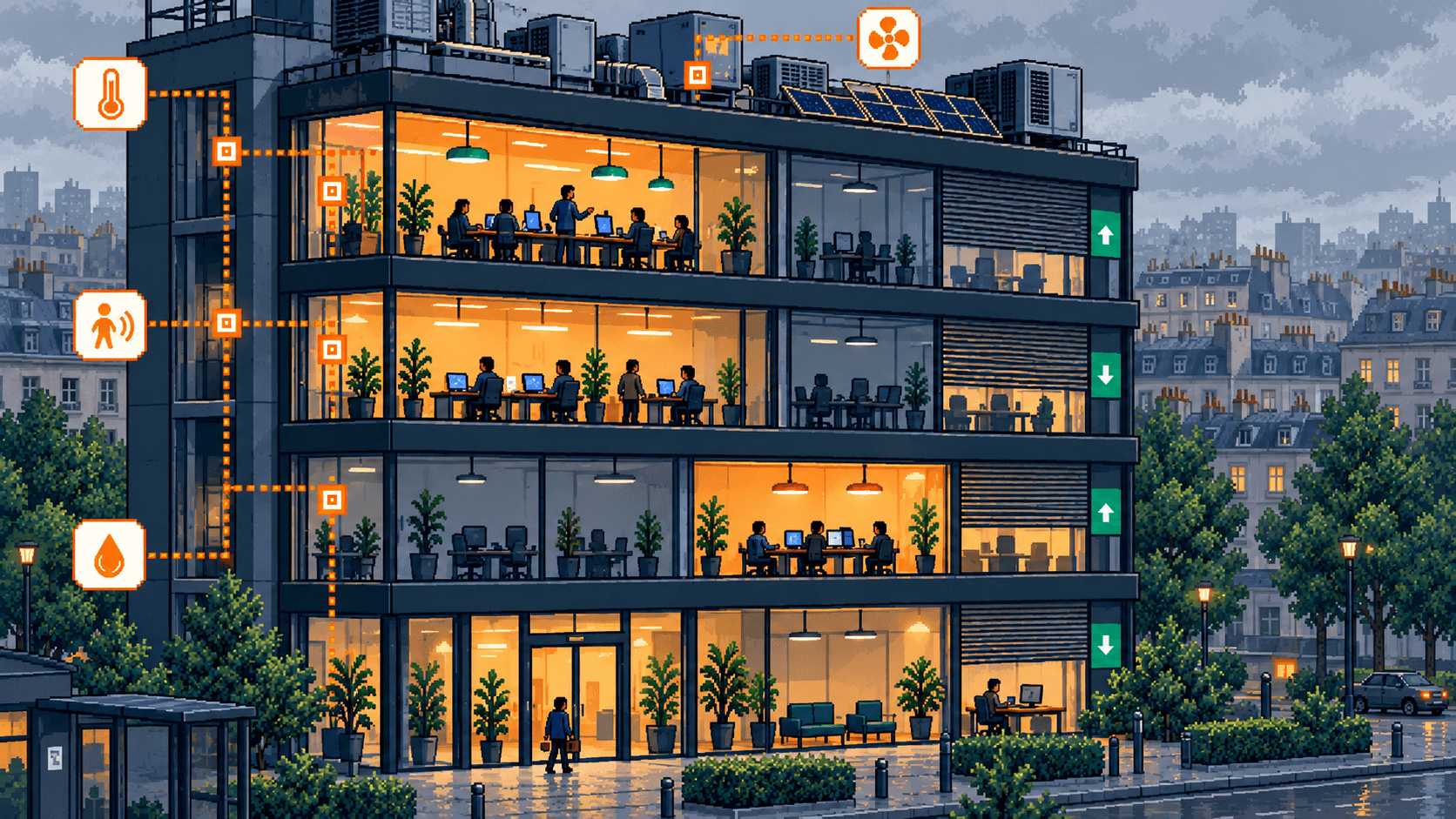 Illustration: an office building whose lighting, heating and blinds adapt floor by floor through connected sensors
