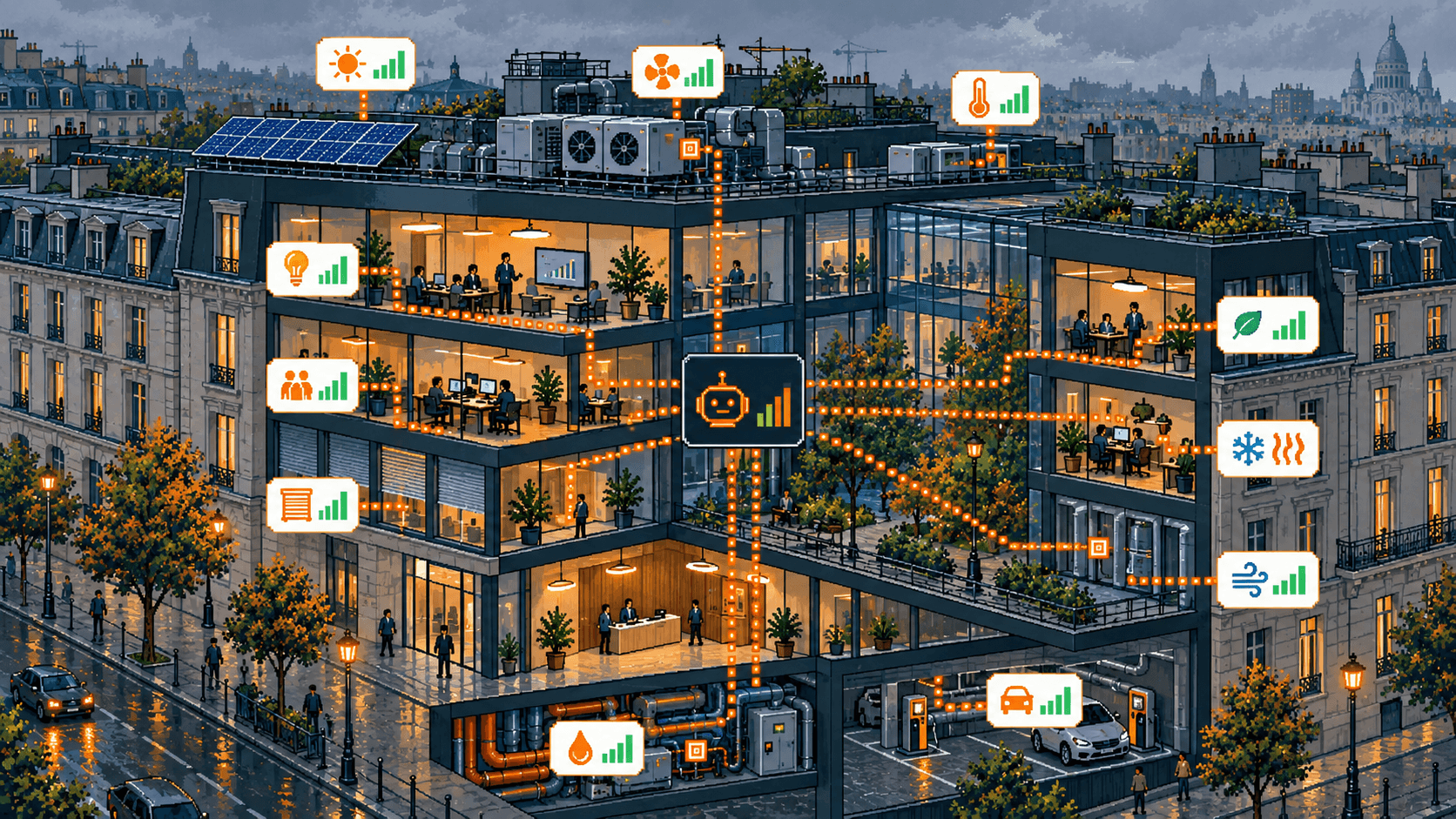 Illustration: a smart energy management system linking the lighting, HVAC, solar panels and EV charge points of a commercial building