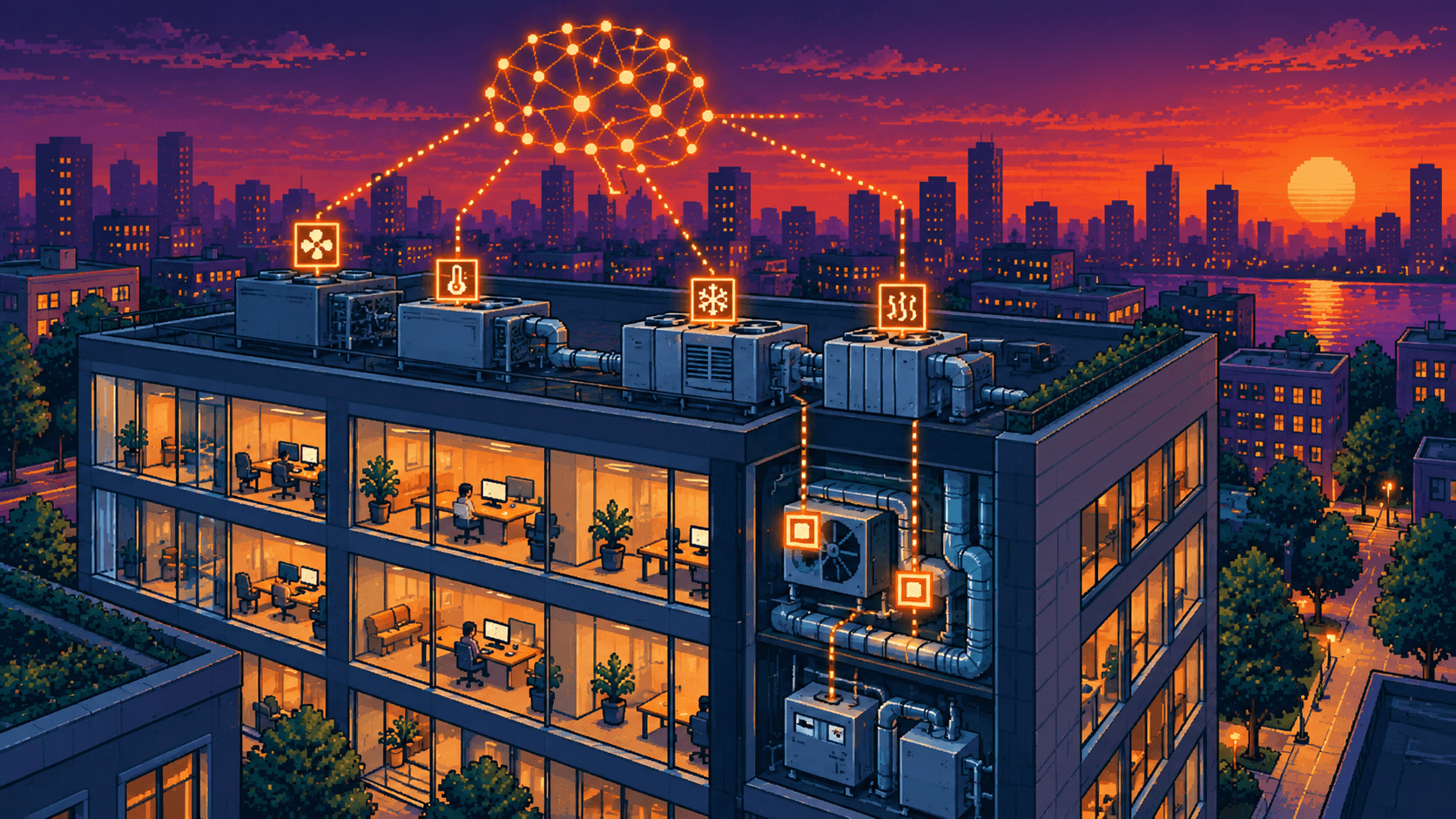 Illustration: an artificial intelligence continuously controlling the rooftop HVAC equipment of a commercial building