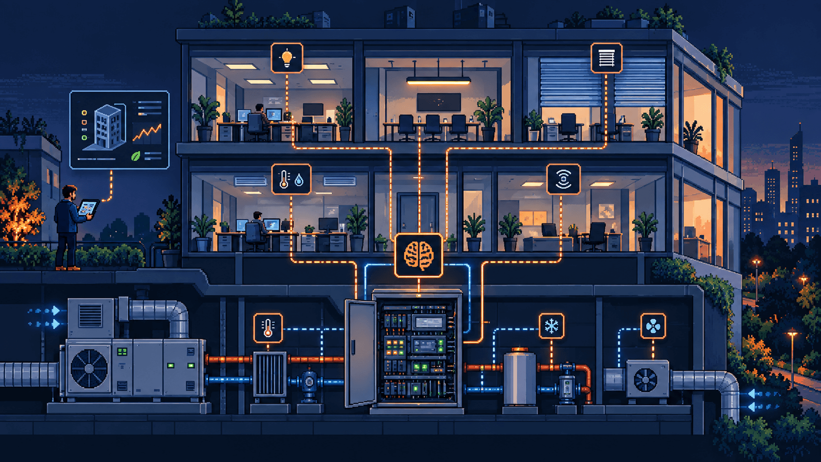 Illustration : coupe d'un immeuble tertiaire la nuit — la CTA et l'armoire d'automates du sous-sol pilotent l'éclairage, les stores, les sondes de température et la détection de présence des plateaux, supervisés depuis une tablette