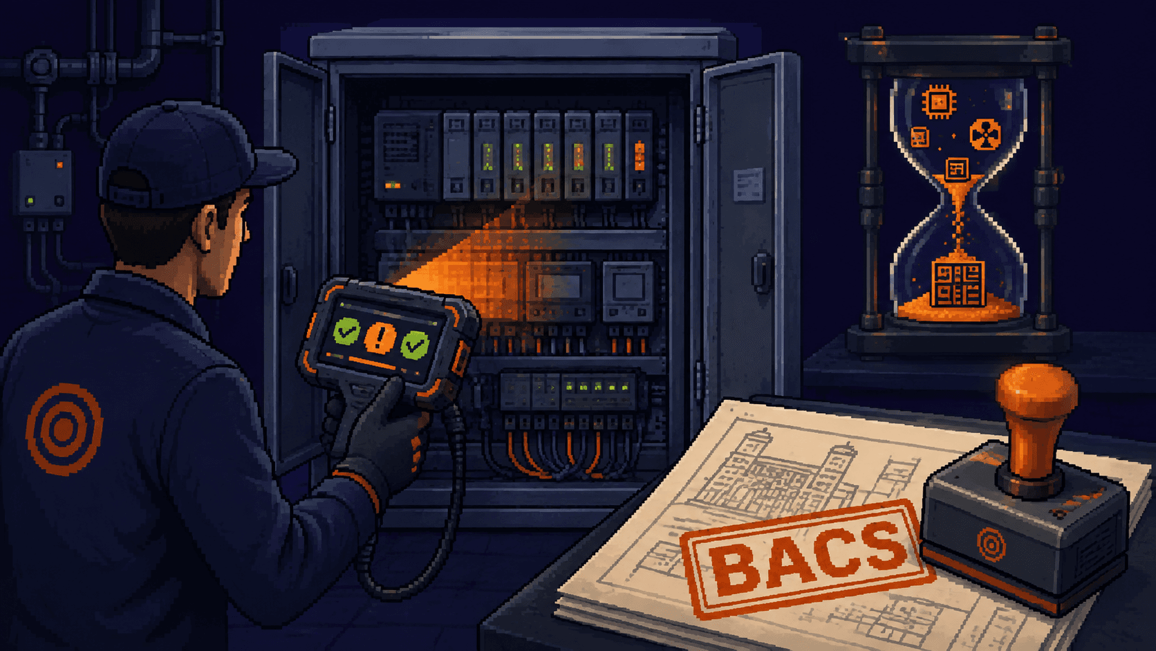 Illustration : un technicien contrôle une armoire GTB avec un outil de diagnostic, devant des plans de bâtiment tamponnés BACS et un sablier symbolisant l’échéance réglementaire.